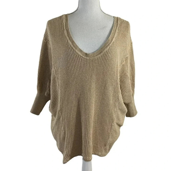 Express Slouchy Short Sleeve Sweater Tan Sand Oatmeal Knit Balloon Sleeve Medium - Picture 1 of 6